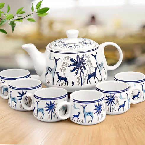 Ceramic Stag Blue Morning Tea Set - 6 Tea Cups, 1 Kettle - The Earth Store - Tea Sets